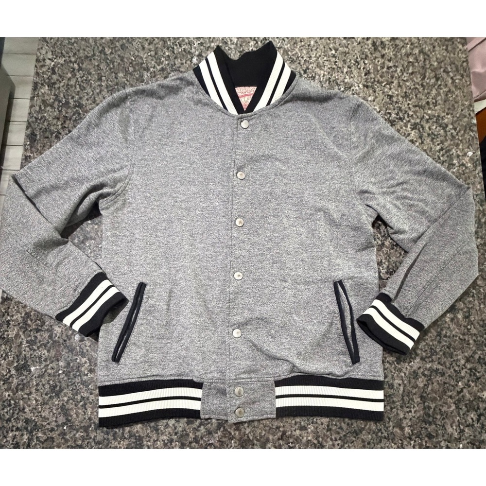 Brooklyn Cloth Kids XL Gray Varsity Bomber Jacket Fleece Snap Front Striped Trim